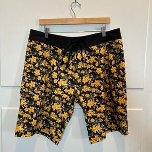 Avid Mens Floral Fish Print Boardshorts Black Yellow Orange Size 36 Swim Trunks